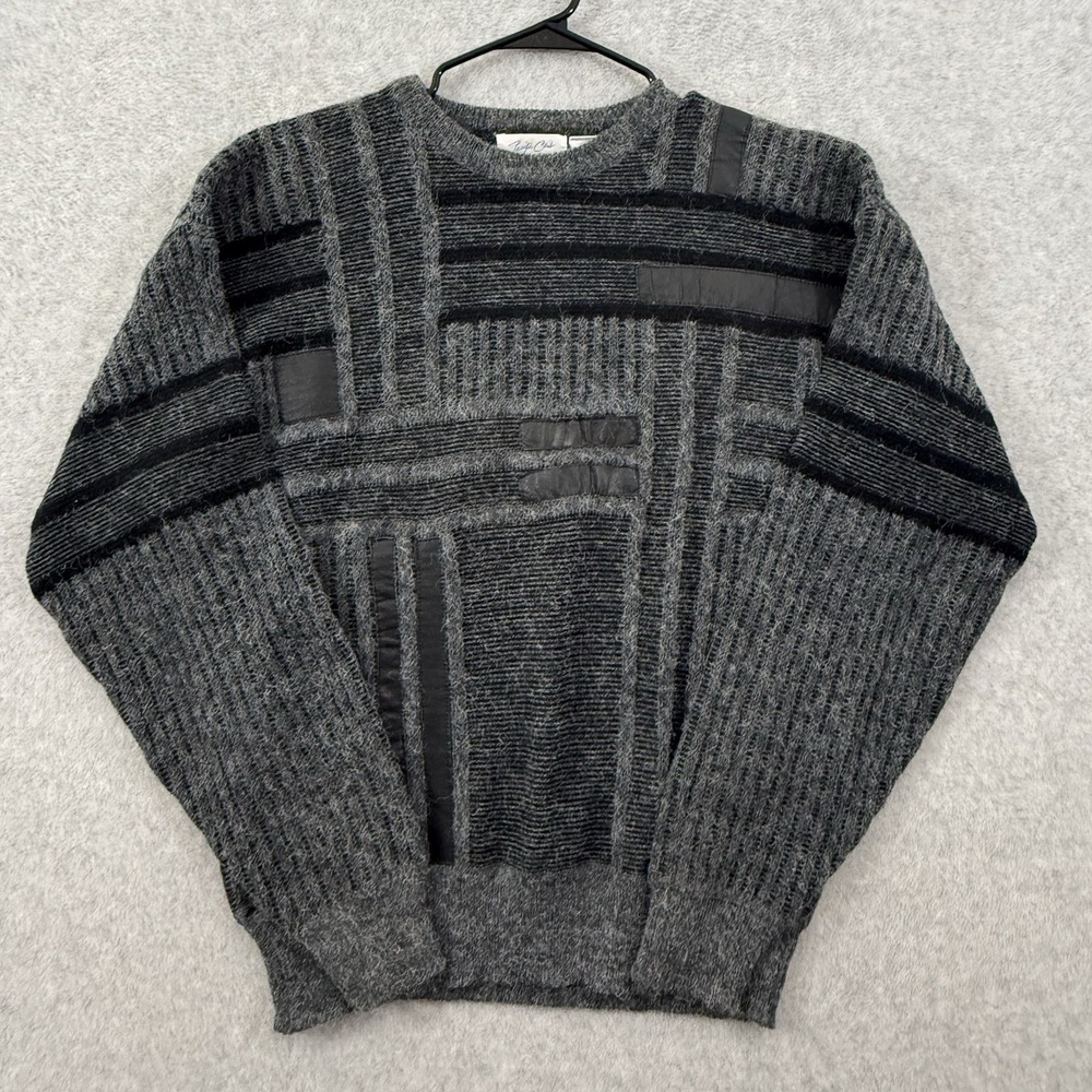 Vintage Pacific Club Sweater Mens XL Gray Black Wool Leather Trim Fuzzy Grandpa